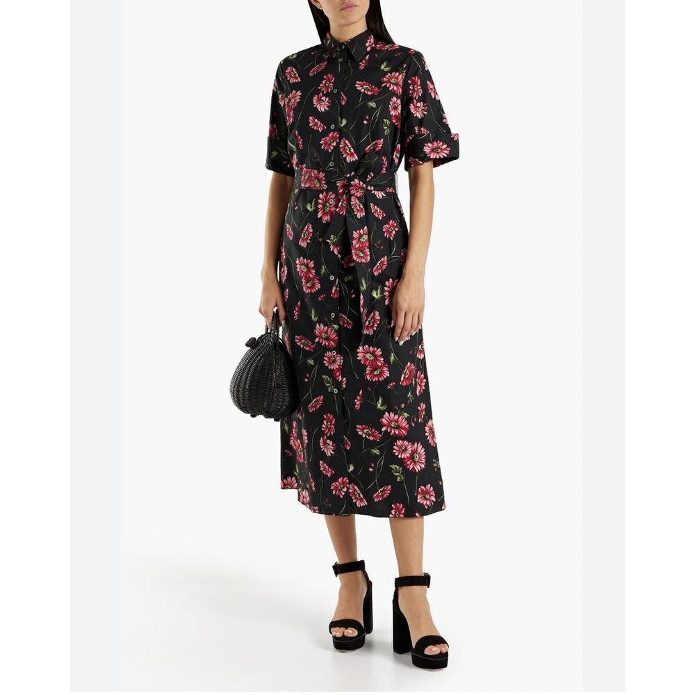 ADAM LIPPES Black Pink Floral Button Down Belted Shirt Dress Midi‎ Long Cotton - Picture 7 of 7